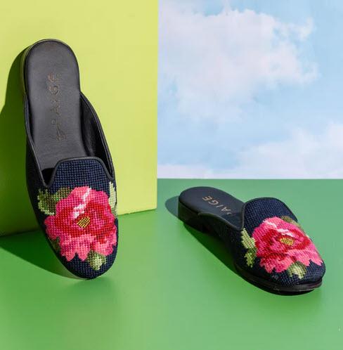  ByPaige Needlepoint Mule in Pink Peony on Navy  Apparel & Accessories > Shoes > Clogs & Mules